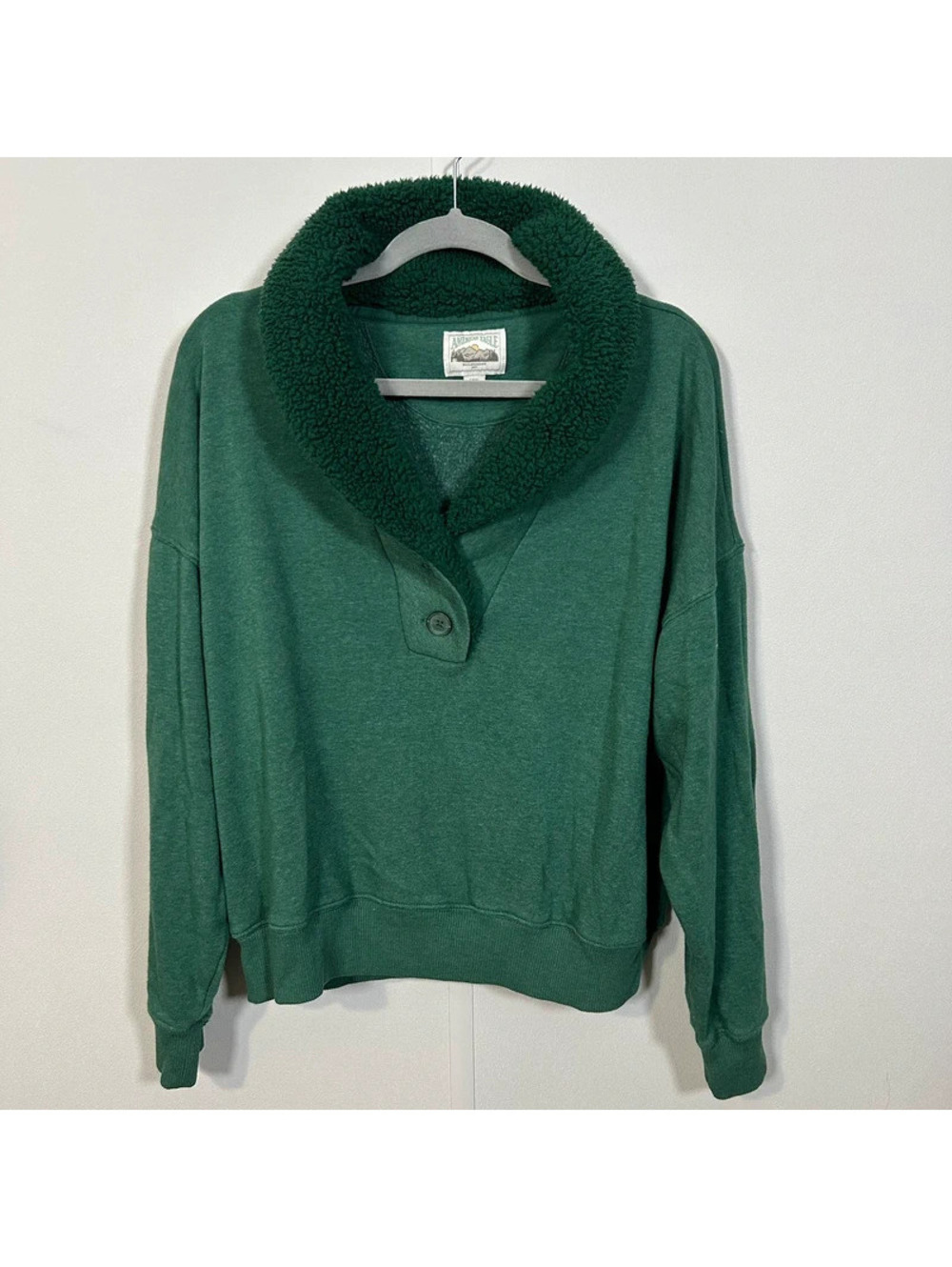 American Eagle Sherpa Collar Sweatshirt Green Pullover Faux Fur Cozy